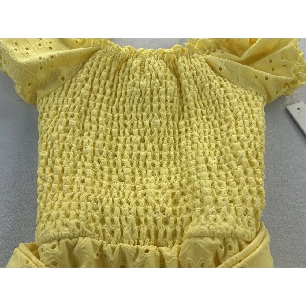 Tahari Girl Romper Size 6 Yellow Eyelet Smocked Puff Sleeve Belted Pockets New